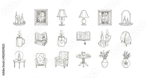 Cozy sketch style home elements: candles, books, and furniture