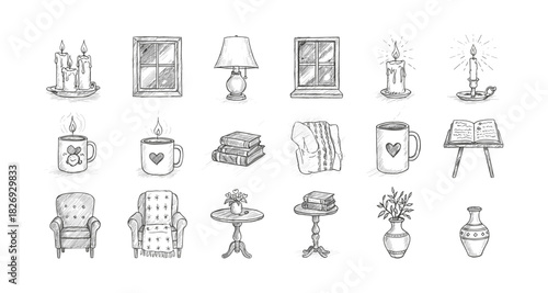 Hand drawn cozy home elements with candles, books, and furniture