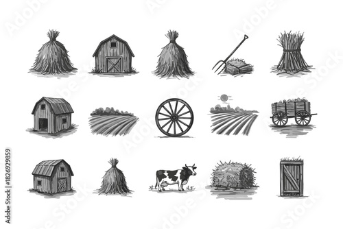 Rustic farm elements in vintage style: barns, fields, and harvest tools