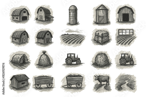Rustic farm elements collection with sketch style barns, hay bales, and tractors