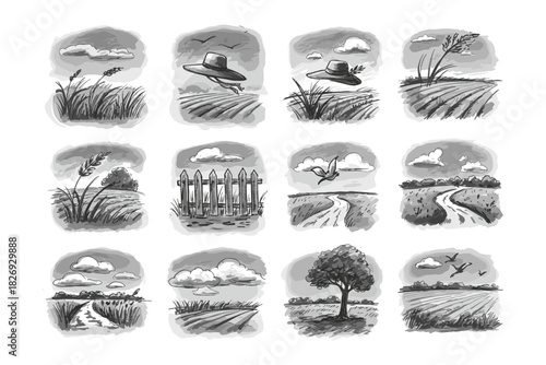 Monochrome countryside sketches: rural landscapes and nature elements