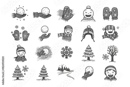 Monochrome winter doodle set: snowman, trees, snowflakes, and mittens