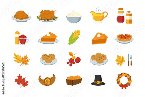 Thanksgiving food icons and autumn symbols in flat style