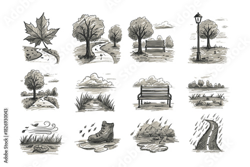 Monochrome autumn scenery with trees and paths in sketch style