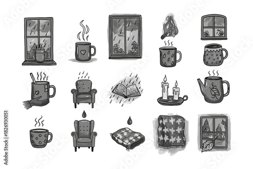 Cozy hand drawn hygge elements with window and hot drinks in rainy setting