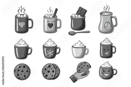 Black and white cartoon coffee mugs and cookies with whimsical expressions