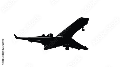 Silhouette of a modern private business jet aircraft taking off or landing with landing gear extended, high contrast graphic design, flat vector art, isolated on white background