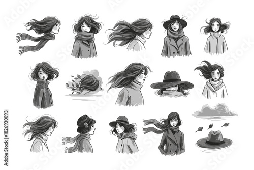 Monochrome windy day: stylish woman in motion with flowing hair and cozy fashion