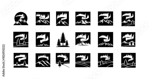 Silhouette northern lights over mountains and forests in night sky