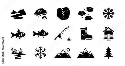 Silhouette outdoor winter adventure icons: fishing, hiking, cabin, snowflake designs