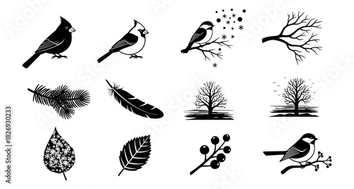 Nature silhouettes: birds, trees, and leaves in elegant black and white design