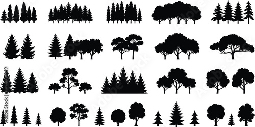 Silhouette forest trees collection, diverse tree shapes and nature elements, pine and deciduous silhouettes for landscape design, illustration resources