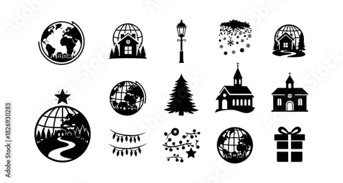 Silhouette winter scene elements with globes and festive icons