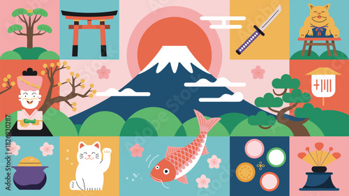 A vibrant collage of Japanese cultural icons, including Mount Fuji, a torii gate, a samurai sword, a daruma doll, and a koi fish, celebrates the essence of Japan's rich heritage.