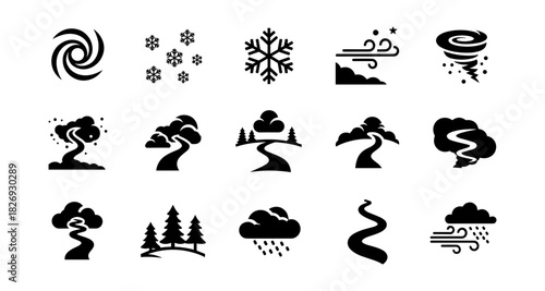 Silhouette weather icons set: wind, snowflakes, tornado, storm