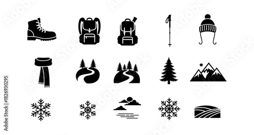 Winter hiking icons: gear, trails, and nature in silhouette style