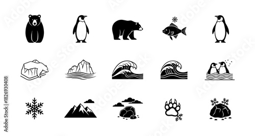 Arctic and antarctic wildlife icons: bears, penguins, and natural landscapes