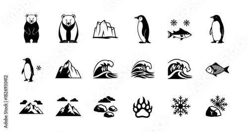Minimalist arctic wildlife and nature icons featuring bears, penguins, and snowflakes