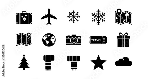 Travel and holiday black silhouette icons for winter and adventure