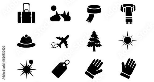 Winter travel essentials: silhouette icons of luggage, nature, and accessories