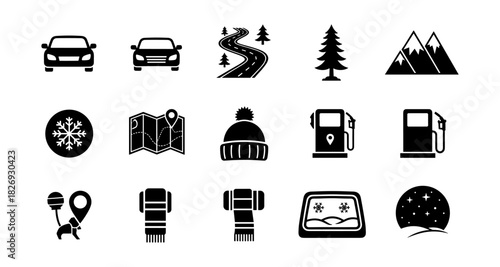 Icon set of winter travel elements in black and white silhouette style