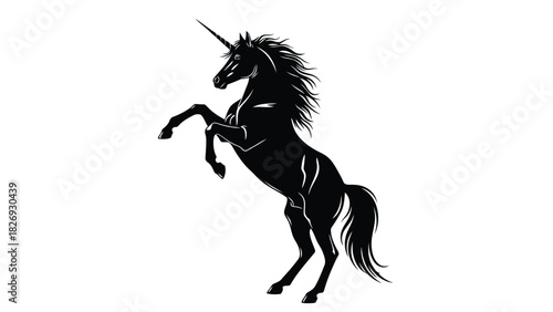 Majestic black unicorn rearing up on hind legs with flowing mane and tail, powerful silhouette emblem, clean vector art, logo design, isolated on white background