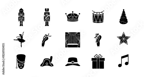 Nutcracker ballet icons: festive silhouettes in black and white