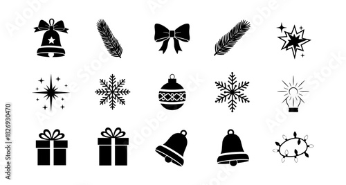 Elegant black and white festive icon set featuring bells, snowflakes, and holiday decorations