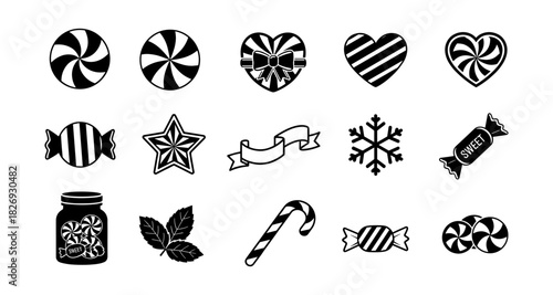 Black and white candy icons with various shapes including hearts and snowflakes