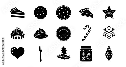 Silhouette christmas and dessert icons: pie, cookie, candy cane, ornament, and more