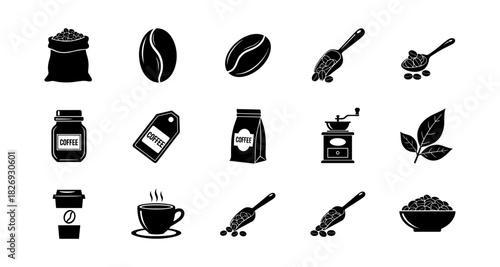 Coffee icon set: silhouette designs featuring beans, cups, and more