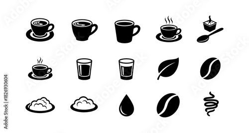 Coffee icons set: black and white silhouette designs featuring cups, beans, and accessories