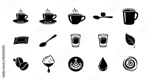 Sleek coffee icons collection: cups, beans, and brewing essentials in black silhouette style