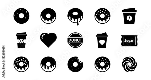 Silhouette donut and coffee icons set with heart and sugar elements