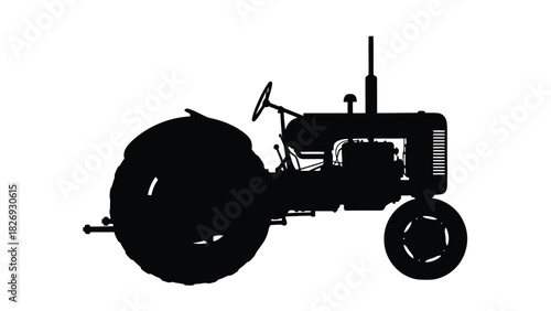 Classic vintage farm tractor silhouette profile view with large rear wheel and exhaust pipe, simple black graphic design, flat vector art, isolated on white background