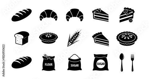 Silhouette bakery and ingredient icons featuring bread, pastries, and utensils