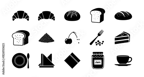 Black and white bakery and breakfast icons collection
