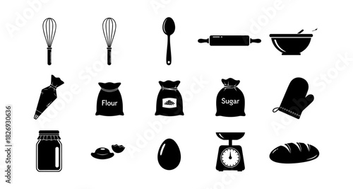 Black and white kitchen icons set: baking tools and ingredients
