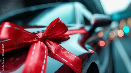 A close-up view of a luxury car decorated with a bright red bow, symbolizing a new car purchase, gift, or holiday surprise
