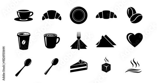 Cafe silhouettes: coffee, pastry, and dining icons for restaurant graphics