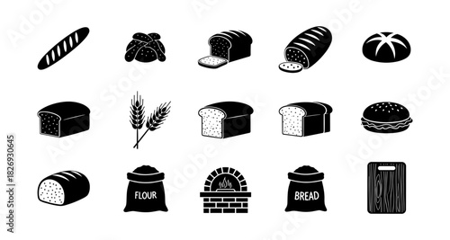 Collection of silhouette bread icons including wheat, oven, loaf, and baguette
