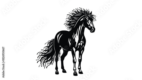 Majestic black horse standing proudly with flowing mane and tail, detailed silhouette vector art, powerful animal emblem design, isolated on white background