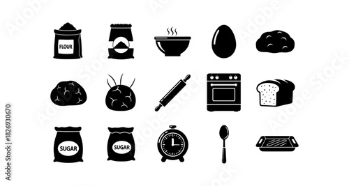 Bakery essentials: icon set featuring ingredients and utensils in silhouette style