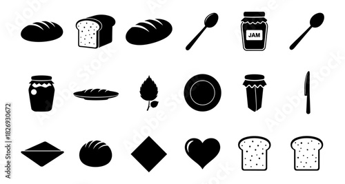 Minimalist black silhouette icons of bread, jam, and kitchen utensils