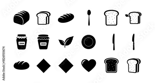 Breakfast icons: bread, toast, jam, and cutlery in simple silhouette style