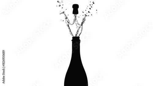 Black Silhouette of Champagne Bottle Cork Popping with Liquid Splash and Bubbles Erupting Upwards, Celebration Graphic, Minimalist Vector Art, isolated on white background