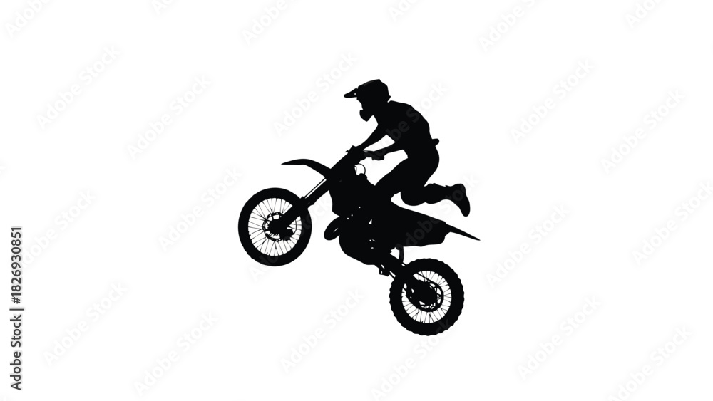 Obraz premium Motocross rider silhouette performing a mid-air jump trick on a dirt bike, extreme sports action graphic, flat vector sticker design, isolated on white background