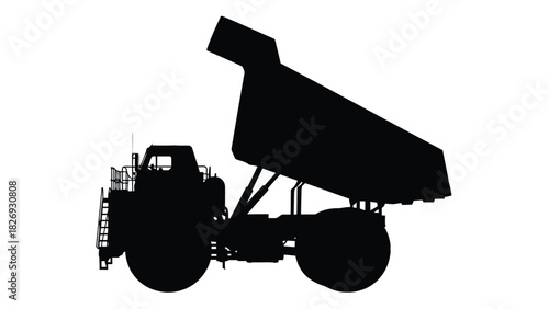 Silhouette of massive mining dump truck unloading material with raised bed, heavy machinery industrial vector art, clean graphic design, isolated on white background
