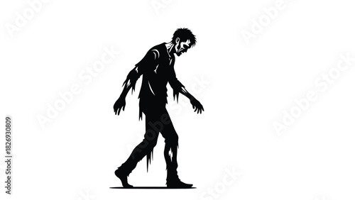 Creepy zombie silhouette walking slowly with tattered clothing, horror character side profile, dark graphic vector art, sticker design, isolated on white background