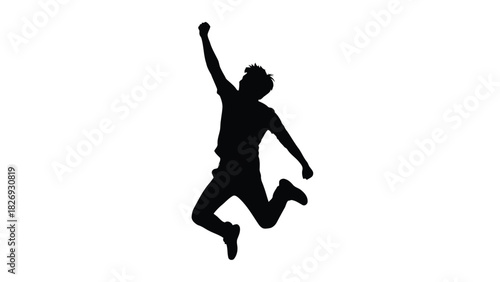 Silhouette of energetic young man jumping high with one fist raised in triumph and excitement, dynamic pose, flat vector art, success concept, isolated on white background